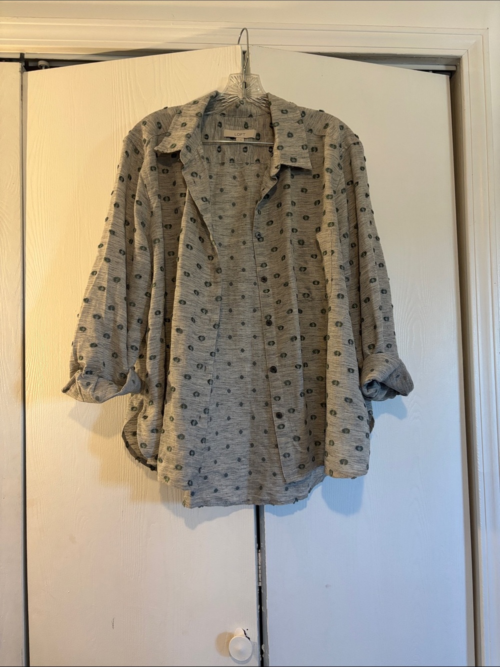 Never worn LOFT Gray Button-Down Shirt with Dark Dot Print